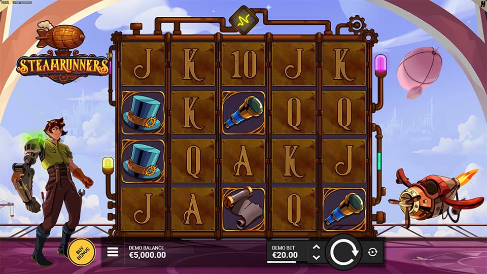 Steamrunners reels with character, airship, top hats and spyglass symbols.