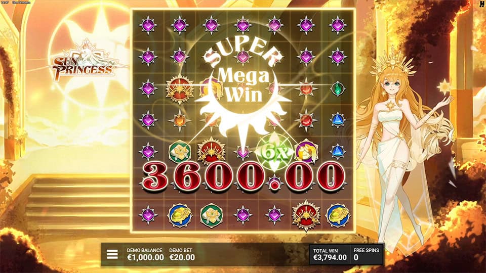 Bright &ldquo;Super Mega Win&rdquo; banner in glowing sun rays, with highlighted multipliers and gems across the reels, accompanied by the Sun Princess character.