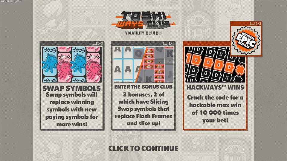 Intro panel for Toshi Ways Club slot showcasing features like Swap Symbols, Bonus Club, and Hackways&trade; max win of 10,000x.