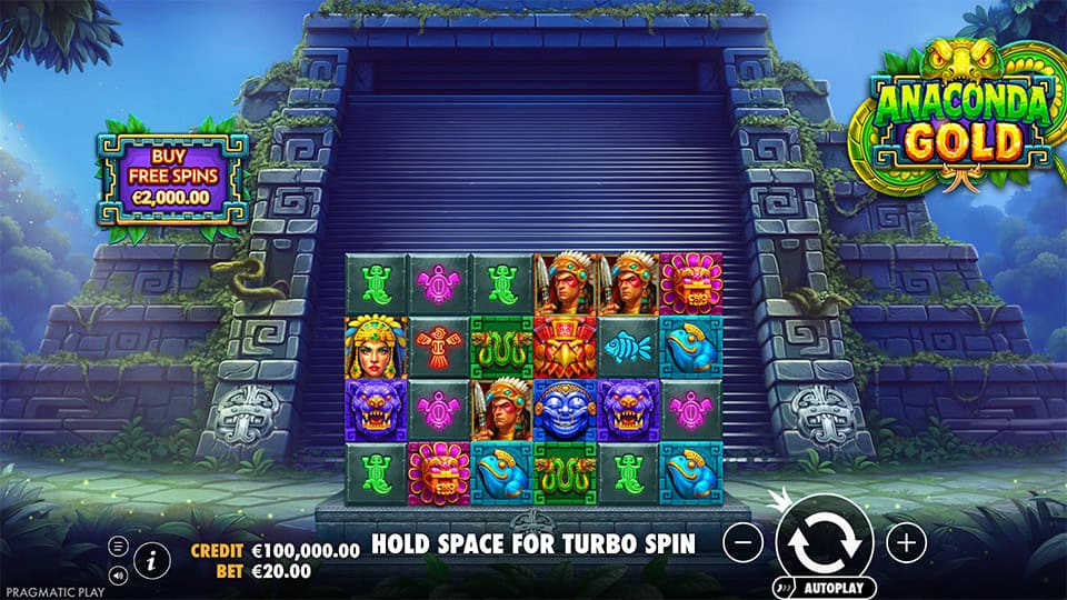 Base game view of Anaconda Gold with Aztec symbols and stone reel set.