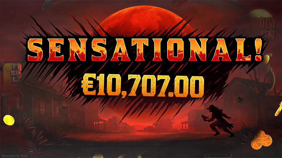 Sensational win banner in Bloody Dawn slot with &euro;10,707.00 displayed over a blood-red sky and full moon background.