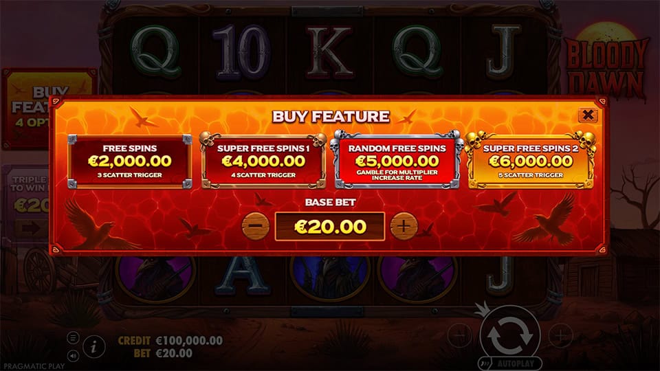 Feature buy menu in Bloody Dawn slot offering four types of Free Spins based on scatter count and gamble mechanics.