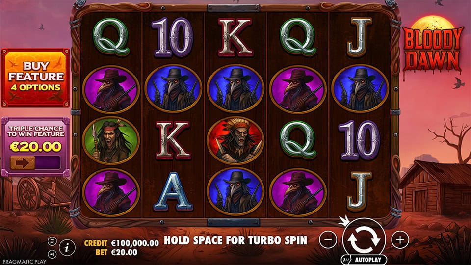Base game screen of Bloody Dawn slot featuring vampire hunters and bandits on wooden reels set in a Wild West landscape.