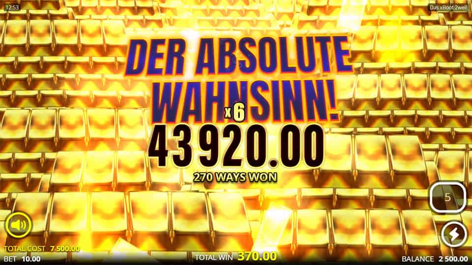 Massive win screen in Das xBoot Zwei! slot with golden bars in the background and bold &ldquo;Der Absolute Wahnsinn!&rdquo; text overlay.