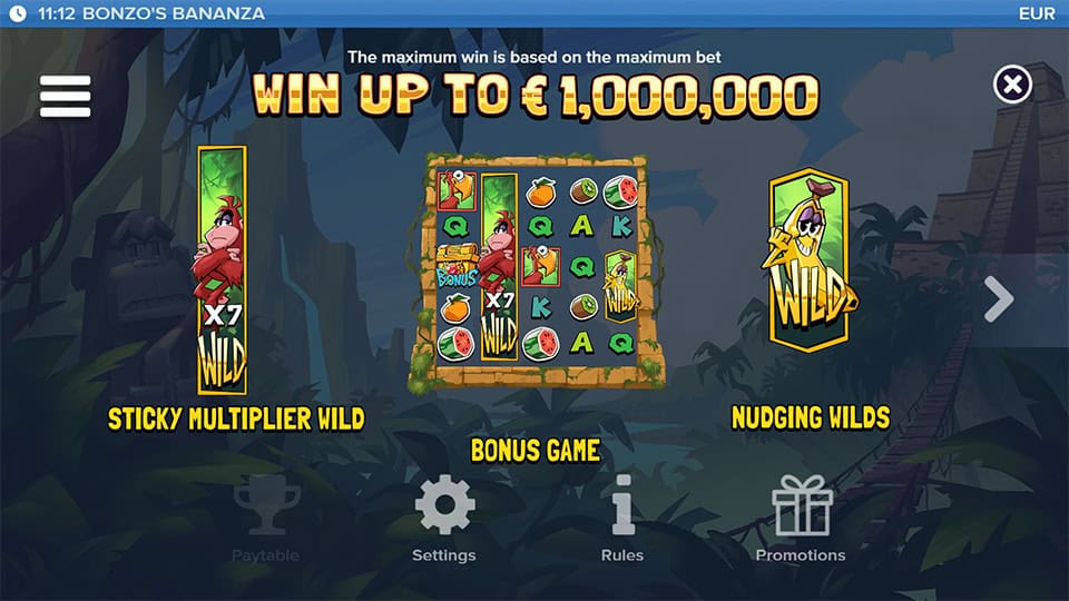 Game features preview showcasing Sticky Multiplier Wilds, Bonus Game, and Nudging Wilds, with tropical visuals and ancient ruins.
