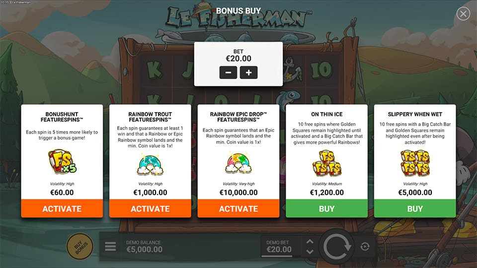 Bonus buy menu in Le Fisherman slot with five modes including Bonushunt Featurespins&trade;, Rainbow Trout Featurespins&trade;, and On Thin Ice.