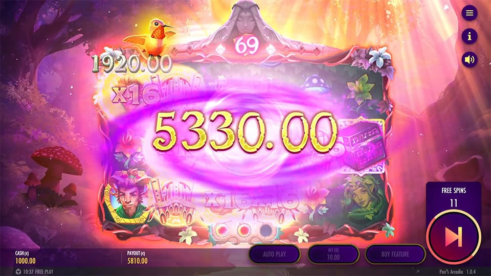 Big Win screen in Pan&rsquo;s Arcadia slot with a purple burst effect and large golden payout text during the free spins round.