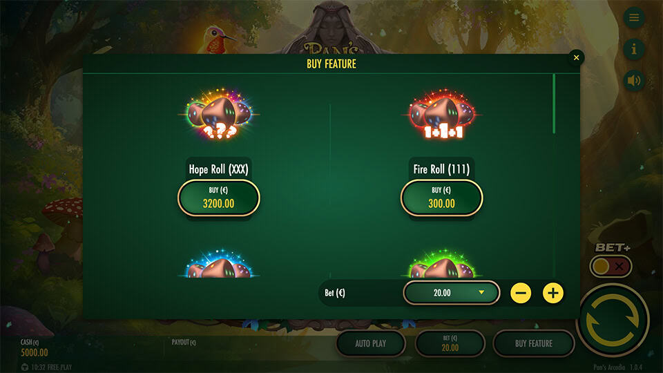 Feature buy menu in Pan&rsquo;s Arcadia slot offering Fire Roll and Hope Roll options with varying levels of volatility and bet settings.