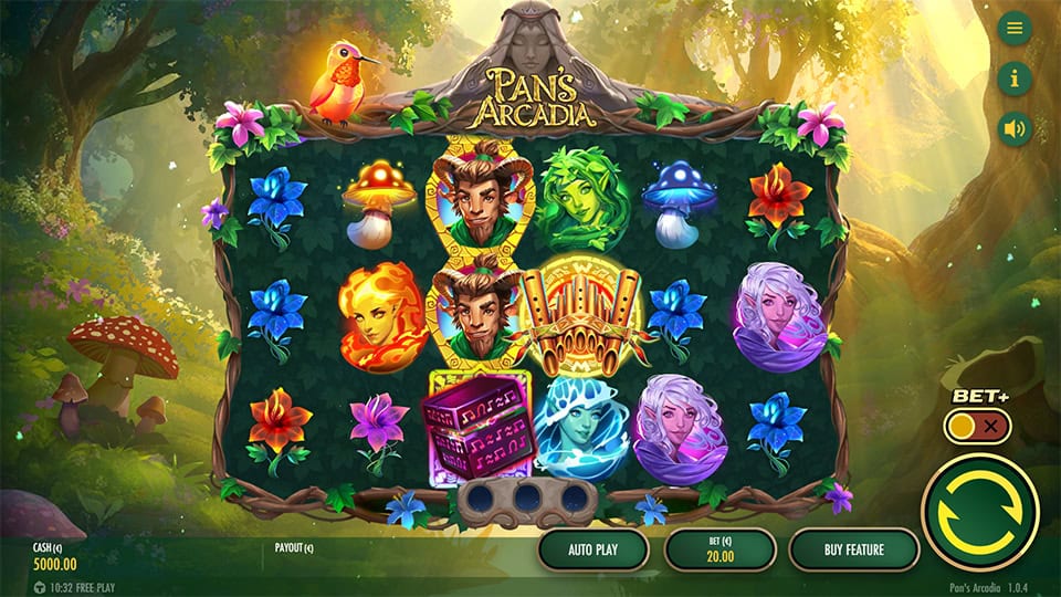 Main gameplay screen of Pan&rsquo;s Arcadia slot with elemental symbols, colorful flowers, and a serene woodland theme.
