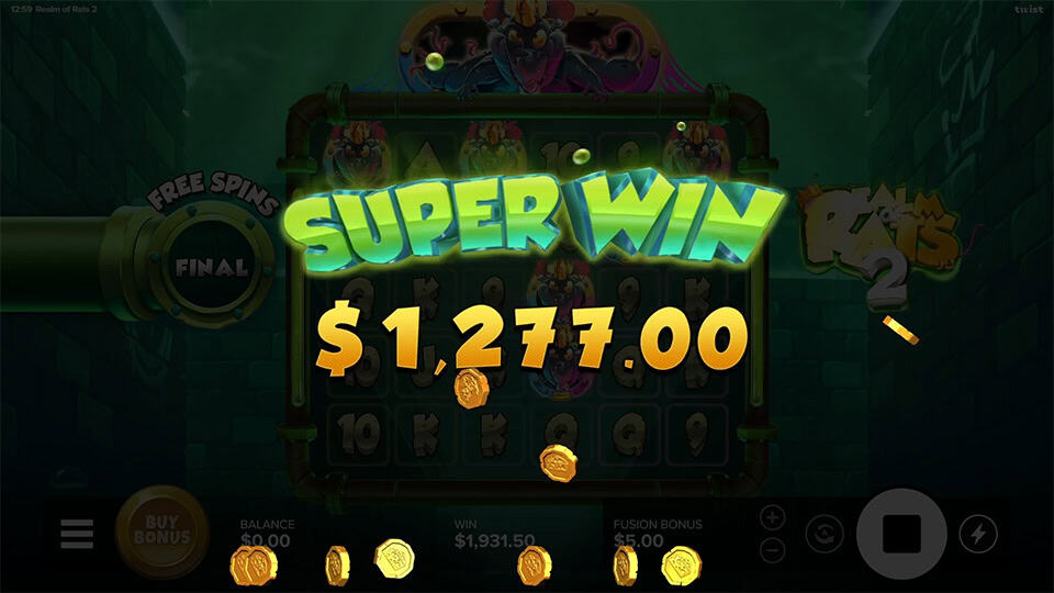Realm of Rats 2 slot displaying a &ldquo;SUPER WIN&rdquo; message in bright green over reels filled with symbols, with coins scattered across the screen.