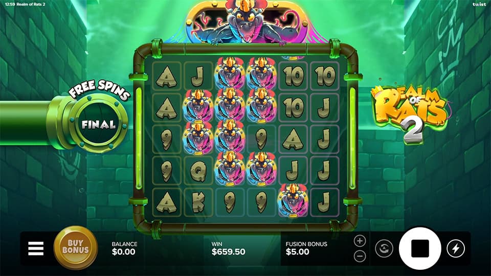 Fusion bonus round in Realm of Rats 2 showing the reels filled with glowing mutant rat symbols during the final free spin.