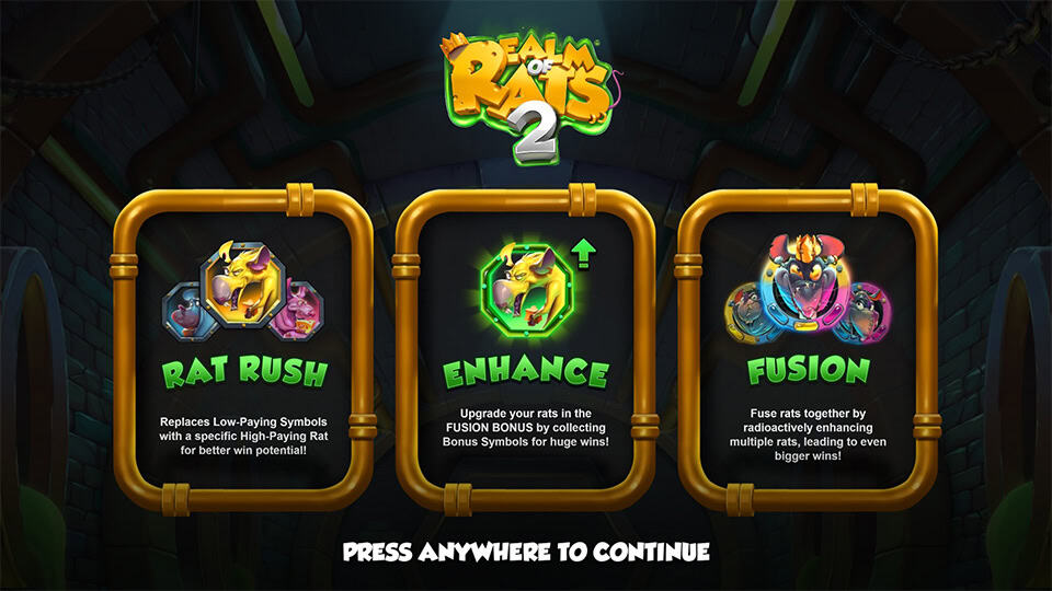 Realm of Rats 2 introduction panel showcasing three features &ndash; Rat Rush, Enhance, and Fusion &ndash; explained with visuals inside golden pipes.