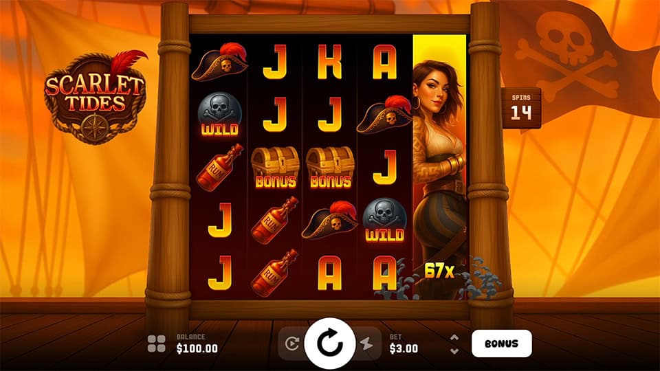 Scarlet Tides slot showing anchor character expanding to full reel wild with a 67x multiplier during free spins.
