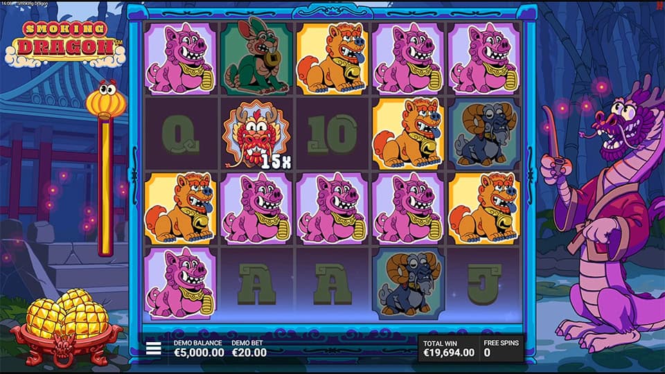Bonus round in Smoking Dragon with red dragon symbol showing 15x multiplier and stacked high-paying tiles.