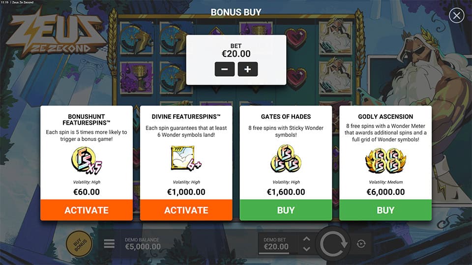 Bonus Buy screen in Zeus Ze Zecond showing multiple options including Bonushunt, Divine Featurespins&trade;, Gates of Hades, and Godly Ascension.