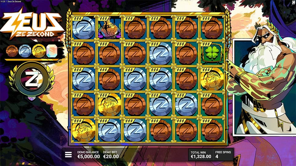 Wonder Reel feature in Zeus Ze Zecond with full grid of coins and &lsquo;Z&rsquo; symbols, enhanced by glowing golden frames and Zeus watching proudly.