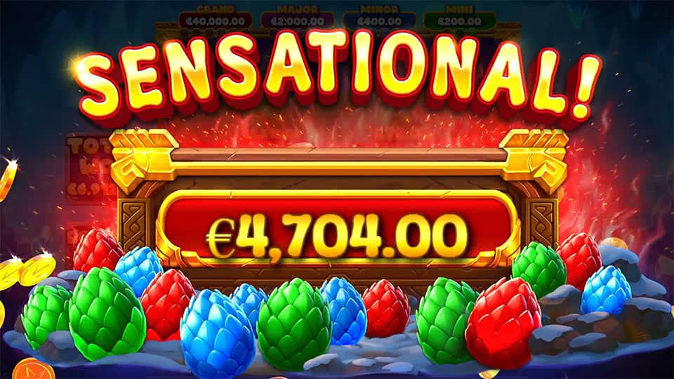 &ldquo;SENSATIONAL!&rdquo; win screen in 3 Magic Eggs slot with erupting red and gold visuals and colorful dragon eggs scattered on the ground.