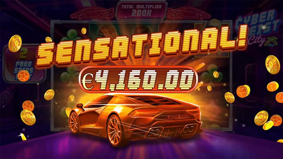 SENSATIONAL! win screen in Cyberheist City slot showing golden car and flying coins, with multiplier bar in the background.