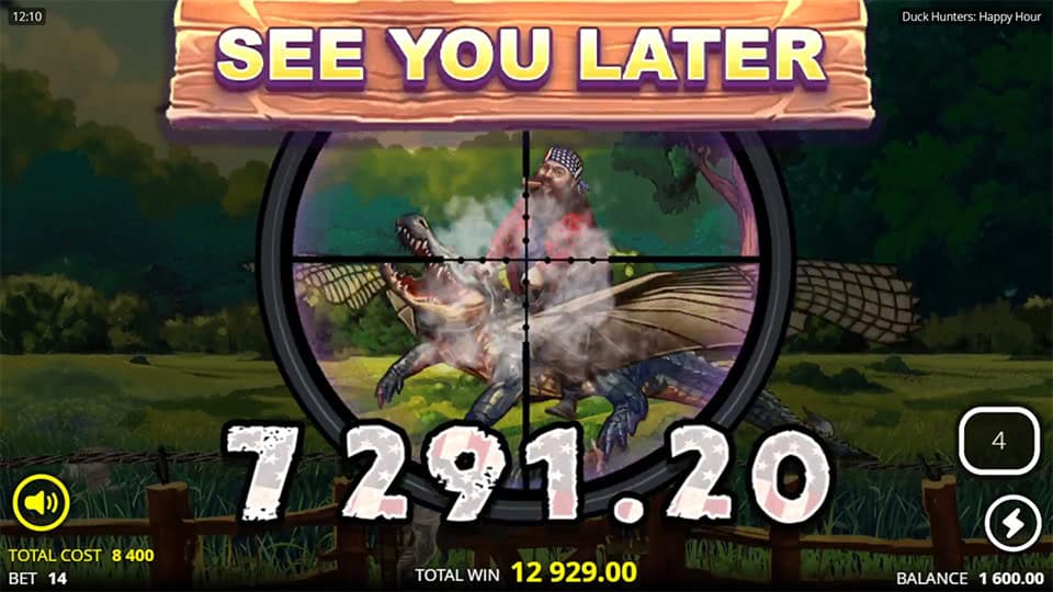 &ldquo;See You Later&rdquo; win screen in Duck Hunters: Happy Hour slot showing a hunter shooting through a scope with victory text and animated win effects.