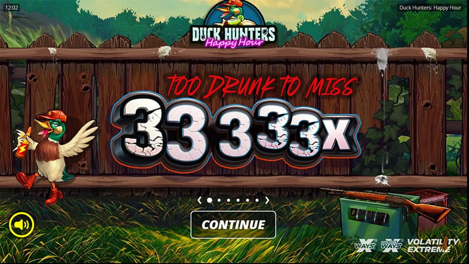 Intro panel for Duck Hunters: Happy Hour slot highlighting a max win of 33,333x, &ldquo;Too Drunk to Miss&rdquo; slogan, and game volatility tiers.