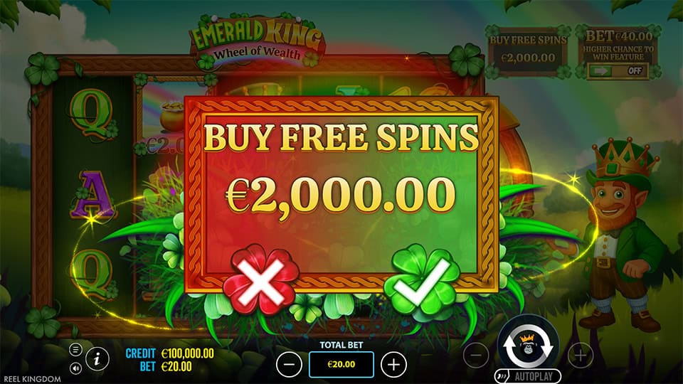 Buy Free Spins window displayed with confirm/decline buttons, overlaying the reels and vibrant green slot interface.