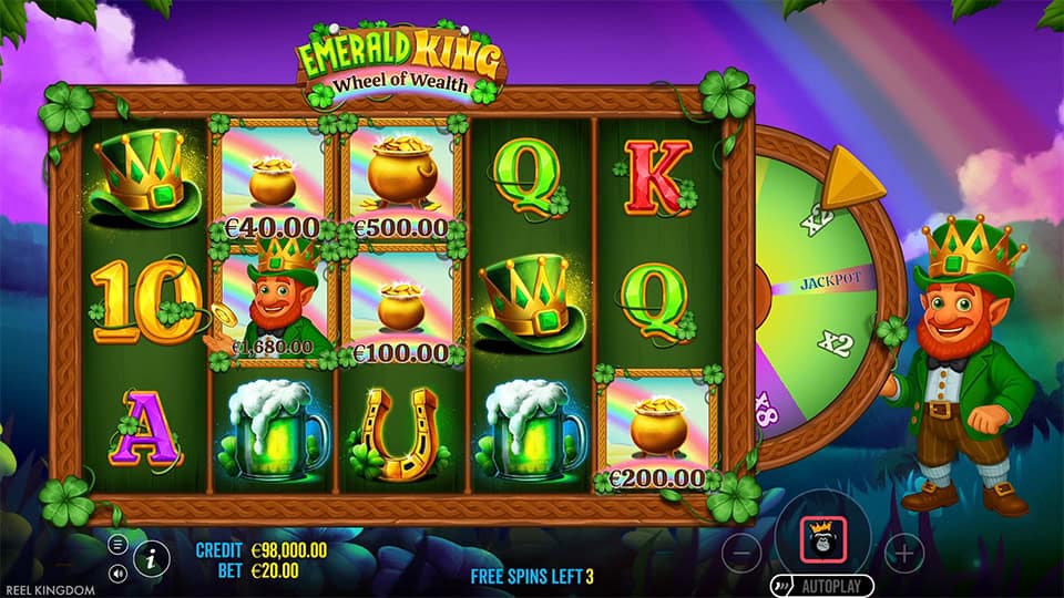 Gameplay with reels spinning and a visible multiplier wheel on the right, showing a pointer near &ldquo;x2&rdquo; and a leprechaun beside it.