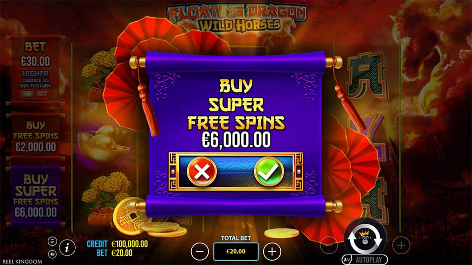 Purchase confirmation screen in Floating Dragon Wild Horses slot for Super Free Spins feature, displayed on a scroll with red fans and gold coins.
