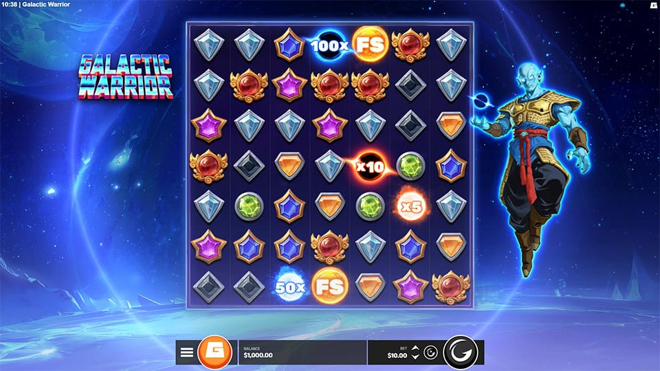 Base game screen of Galactic Warrior with cluster reels, gem symbols, and a floating warrior character.