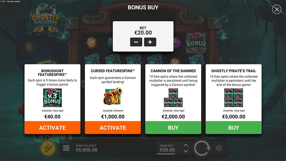 Bonus buy screen featuring multiple FeatureSpins, including Cannon of the Damned and Ghostly Pirate&rsquo;s Trail, with volatility levels and cannon mechanics.