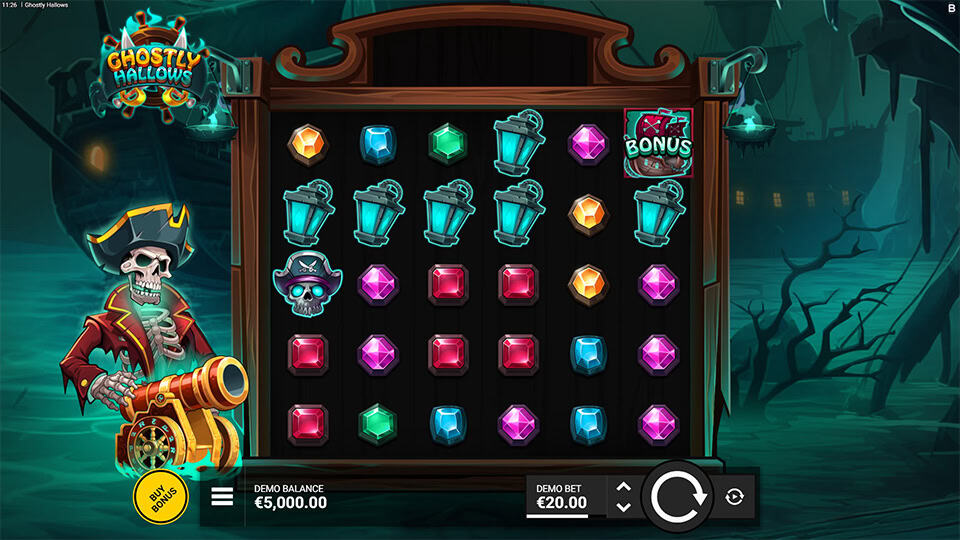 Gameplay grid with lanterns, skulls, gems, and bonus symbols, framed by a haunted pirate ship and a skeletal captain wielding a golden cannon.