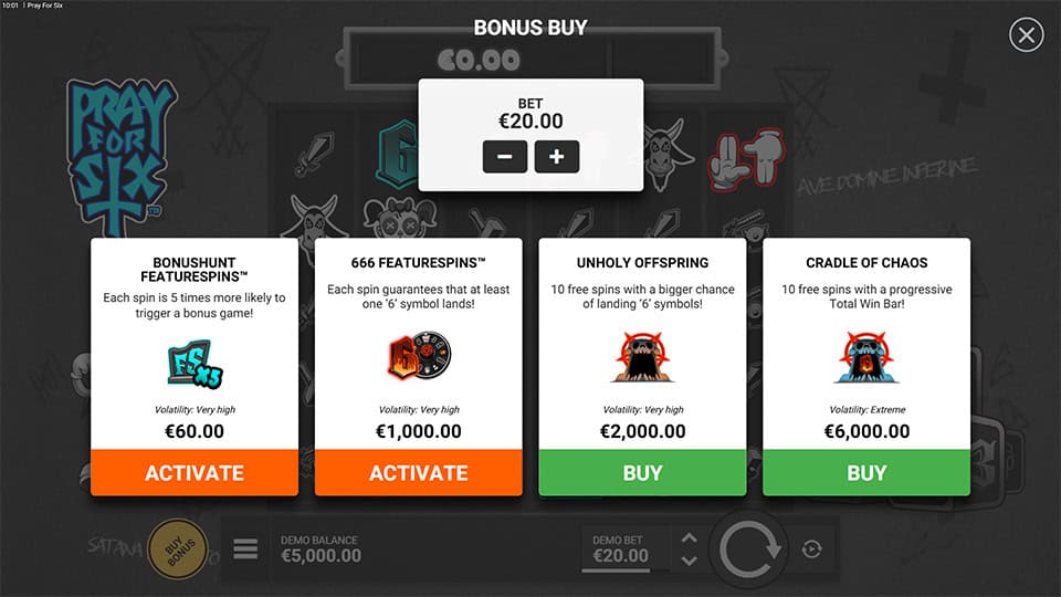 Bonus buy menu in Pray for Six slot displaying four buyable modes including Bonushunt Featurespins&trade;, 666 Featurespins&trade;, Unholy Offspring, and Cradle of Chaos.