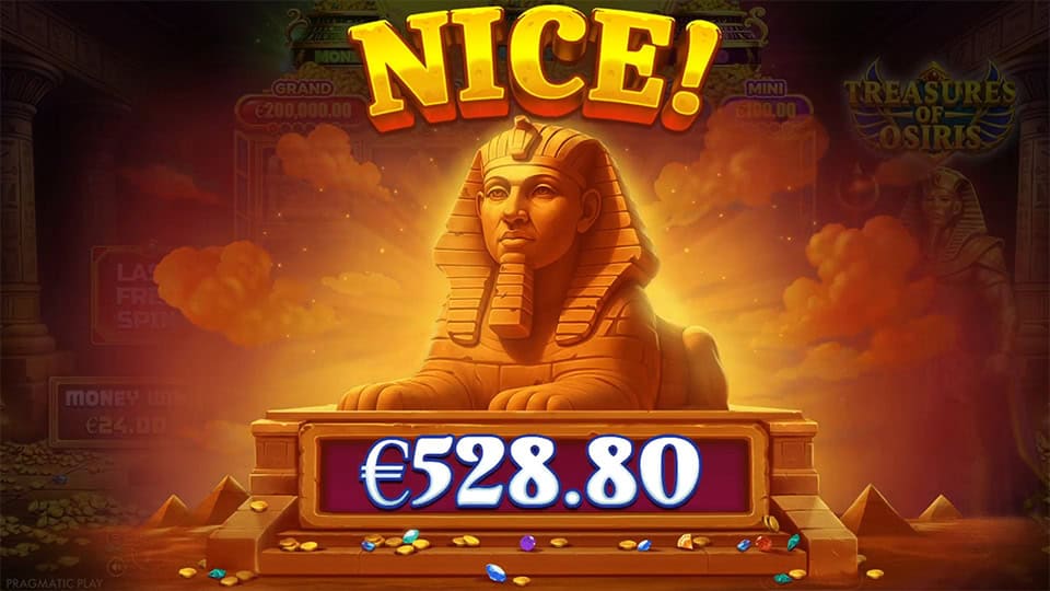 A glowing Sphinx statue in the spotlight with the word &ldquo;NICE!&rdquo; above a golden reward box, scattered gems adding to the celebration.