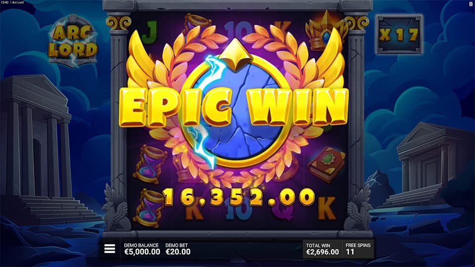Big &ldquo;EPIC WIN&rdquo; text glowing with lightning inside a golden laurel crest, bursting from the reels.