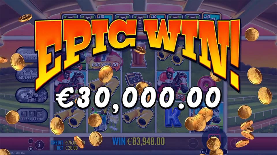 &ldquo;EPIC WIN!&rdquo; text bursts on screen with flying coins and visible paylines.
