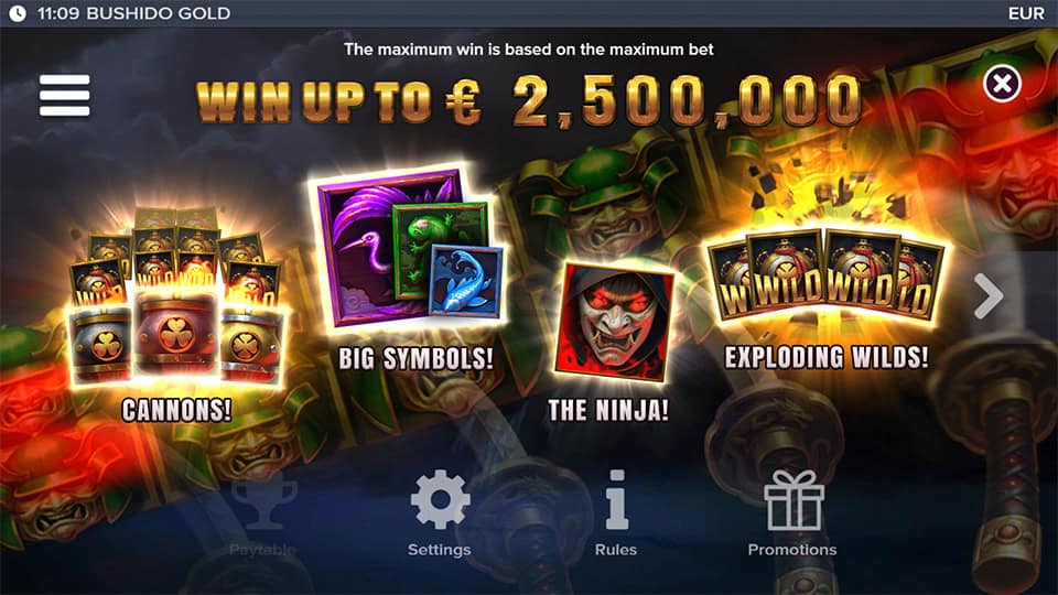 Feature highlights showing cannons, big symbols, ninja character, and exploding wilds with dramatic lighting and effects.