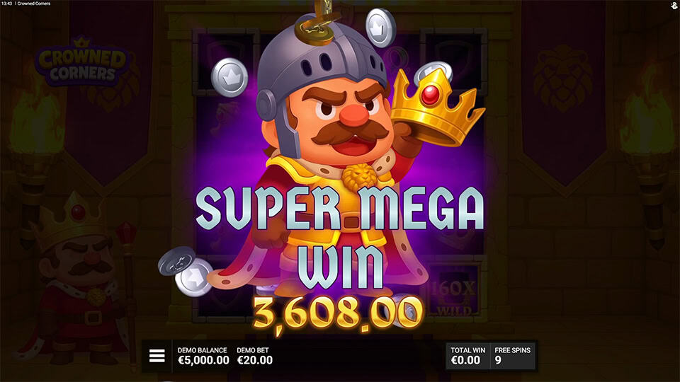 Cartoon king holding a crown as &ldquo;SUPER MEGA WIN&rdquo; text glows in front of a purple burst with coins flying around.