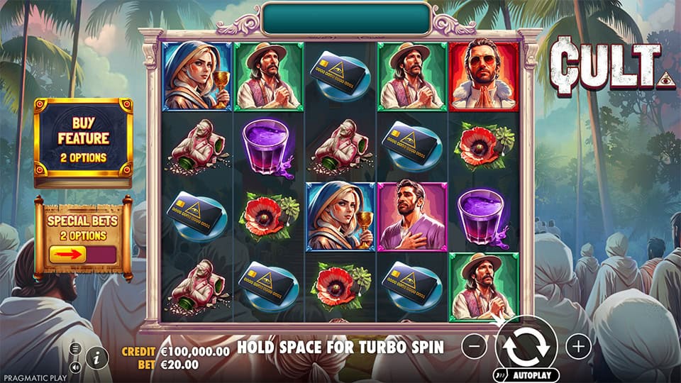 Base game screen featuring cultist characters, pills, and flowers on a 5x3 grid with &ldquo;Buy Feature&rdquo; option visible.