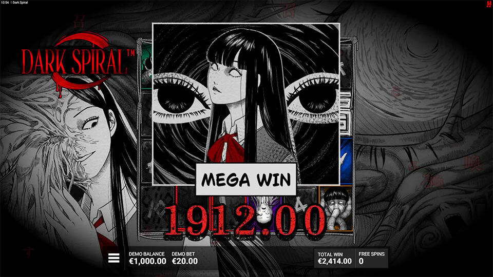 Grim black-and-white win screen with &ldquo;MEGA WIN&rdquo; label over a creepy girl&rsquo;s portrait, as sinister eyes stare from the background.