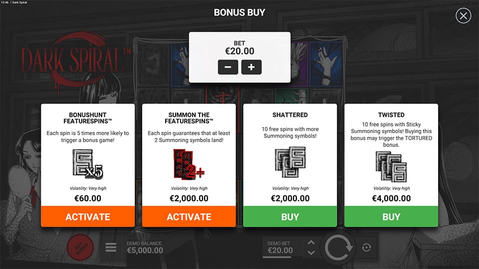 Bonus buy menu offering FeatureSpins and themed bonuses like &ldquo;Twisted&rdquo; and &ldquo;Shattered,&rdquo; each with increased summoning chances and extreme volatility.