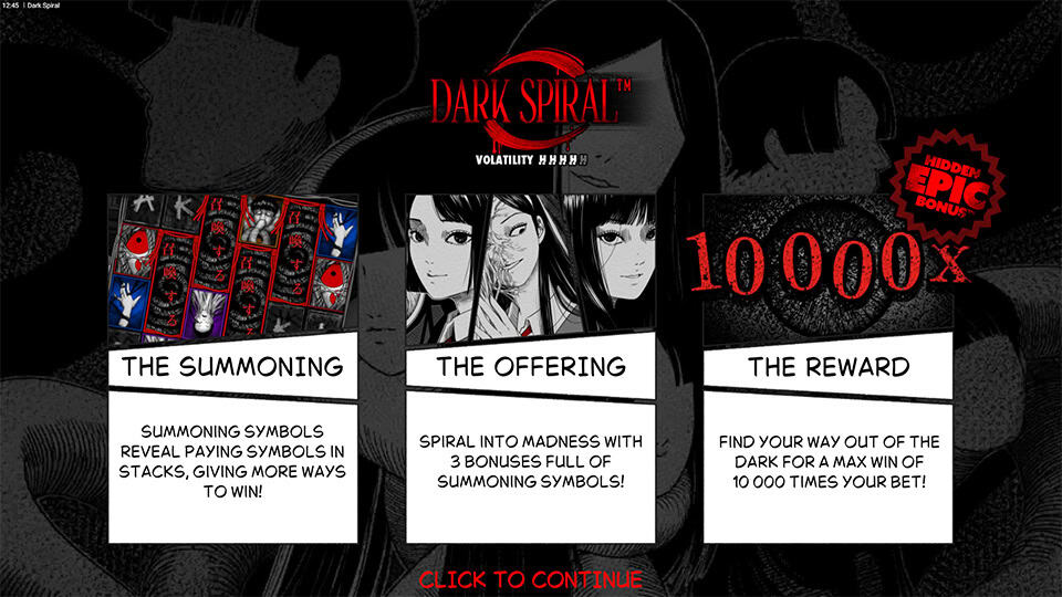 Intro panel presenting &ldquo;The Summoning,&rdquo; &ldquo;The Offering,&rdquo; and &ldquo;The Reward&rdquo; features, with a bold 10,000x max win badge in red.