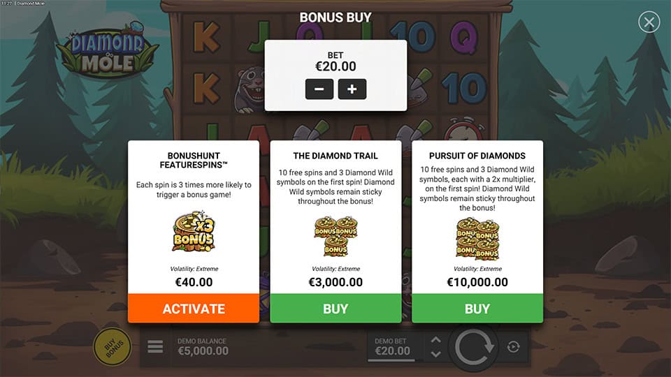 Bonus buy menu in Diamond Mole slot showing three options: Bonushunt Featurespins&trade;, The Diamond Trail, and Pursuit of Diamonds with sticky wilds.