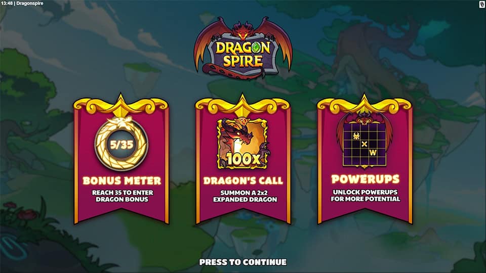 Intro screen of Dragonspire slot presenting the Bonus Meter, Dragon&rsquo;s Call expanded dragon feature, and Powerups grid for win potential.