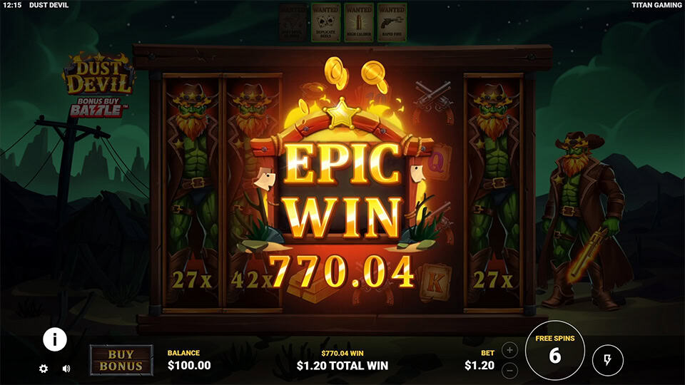 Epic Win screen in Dust Devil slot showing glowing golden text with stacked Dust Devil wilds and multiplier values in a night desert setting.