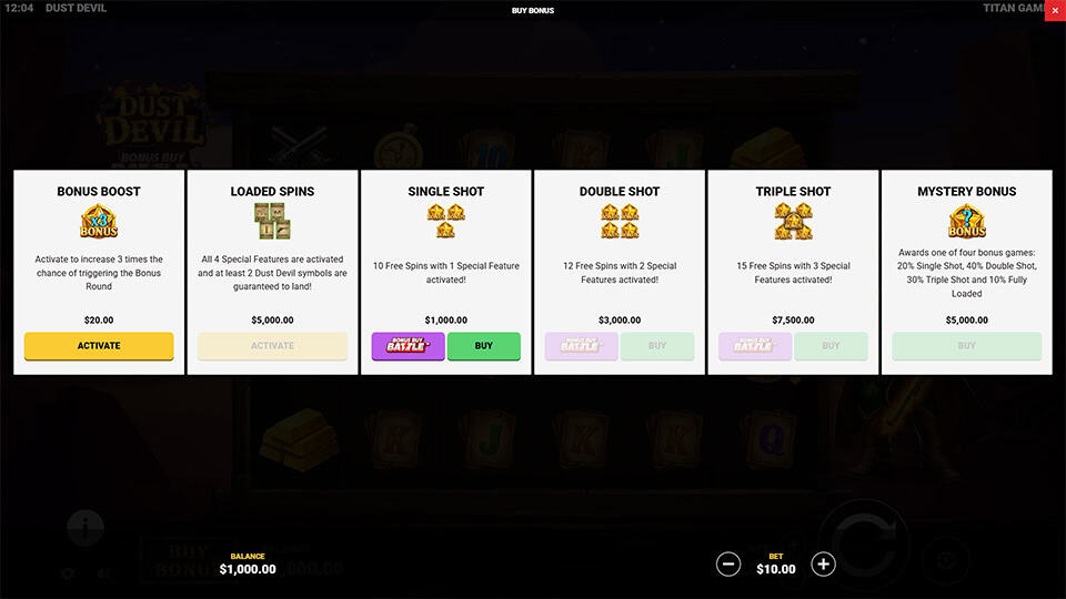 Bonus buy menu in Dust Devil slot offering multiple modes including Bonus Boost, Single/Double/Triple Shot, Loaded Spins, and Mystery Bonus.