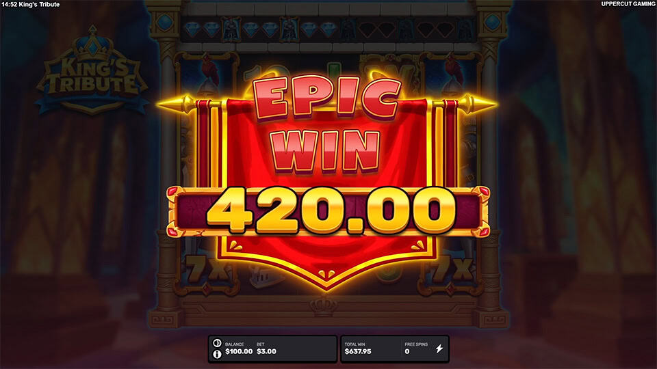 Epic Win animation in King&rsquo;s Tribute slot with bold golden text over a red banner, flanked by shining spears.