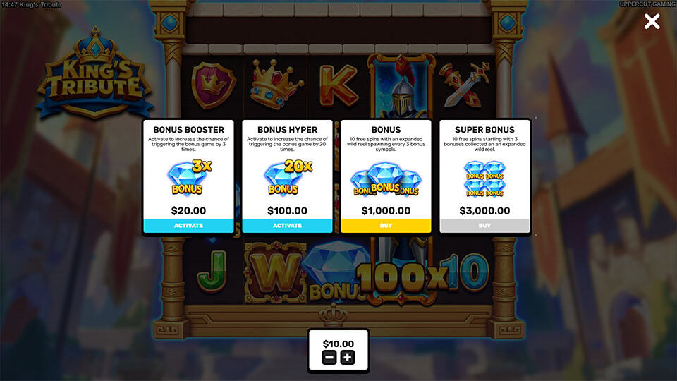 Bonus buy menu in King&rsquo;s Tribute slot with four options: Bonus Booster, Bonus Hyper, Bonus, and Super Bonus, each offering increased access to enhanced features.