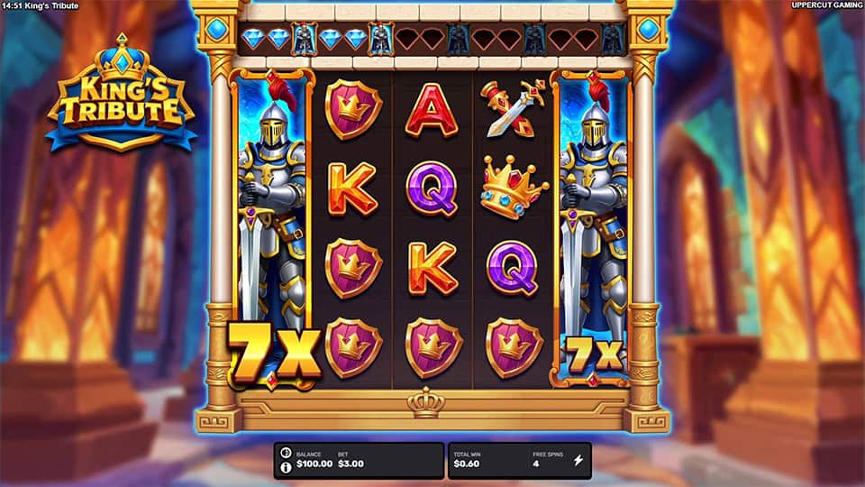 Highlighted expanded knight wild symbol in King&rsquo;s Tribute slot, showing 100x multiplier stacked on the reels.