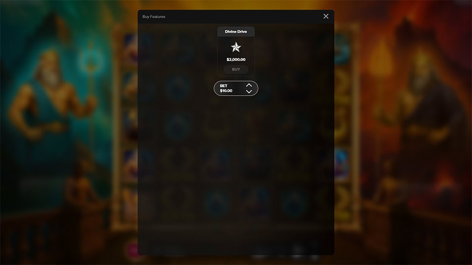 Buy feature screen in Legends of Olympus slot offering access to the &ldquo;Divine Drive&rdquo; bonus mode with adjustable base bet.