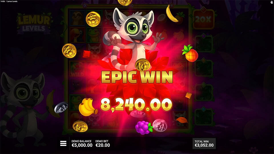 &ldquo;EPIC WIN&rdquo; text in bold gold letters flashes behind the excited lemur character, surrounded by coins, bananas, and glowing fruit symbols.