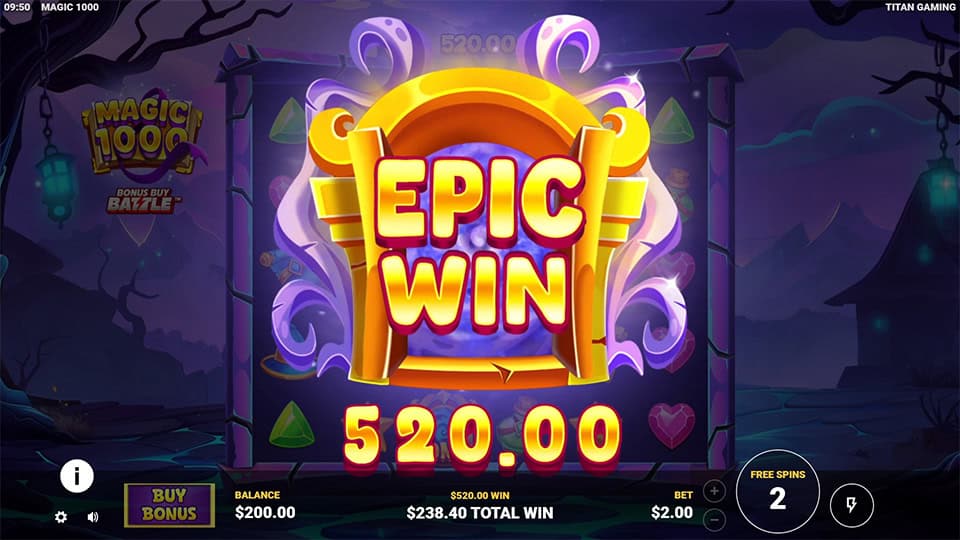 Bright &ldquo;EPIC WIN&rdquo; message bursts across the screen in golden-yellow, floating over faded reels and glowing magical effects.